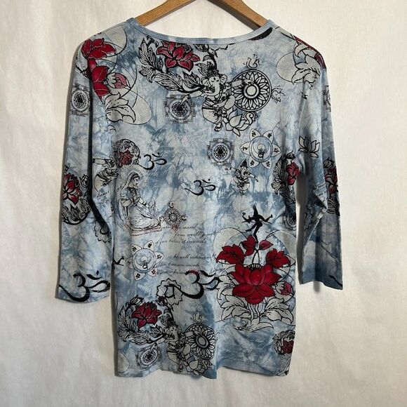 Glima Top Womens L Blue Om Lotus Flower Hippie V Neck 3/4 Sleeve Cotton - Picture 3 of 8